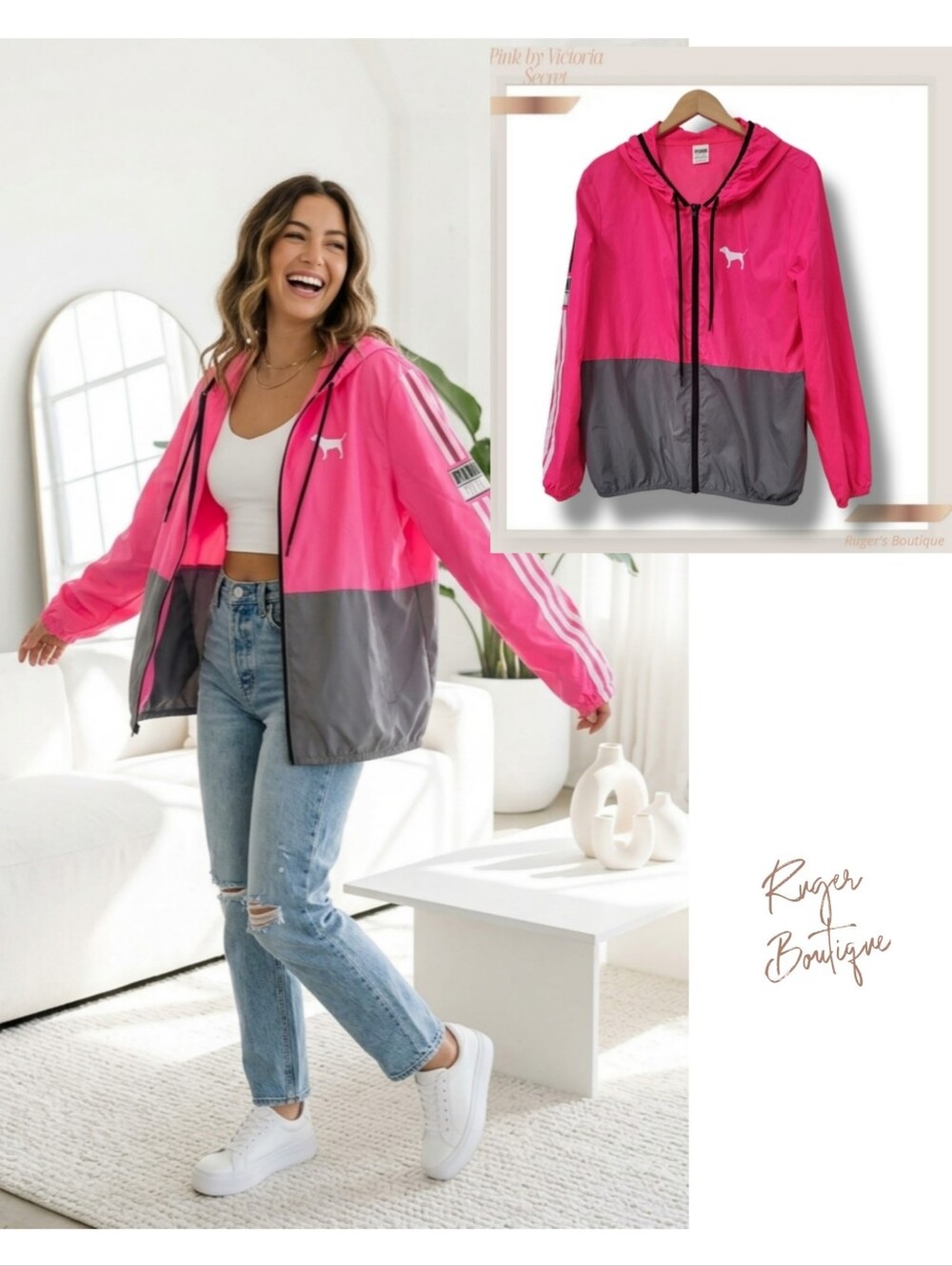 🌿Victoria's Secret Women's Med/Large Anorak Oversized Pink & Gray Wind Breaker